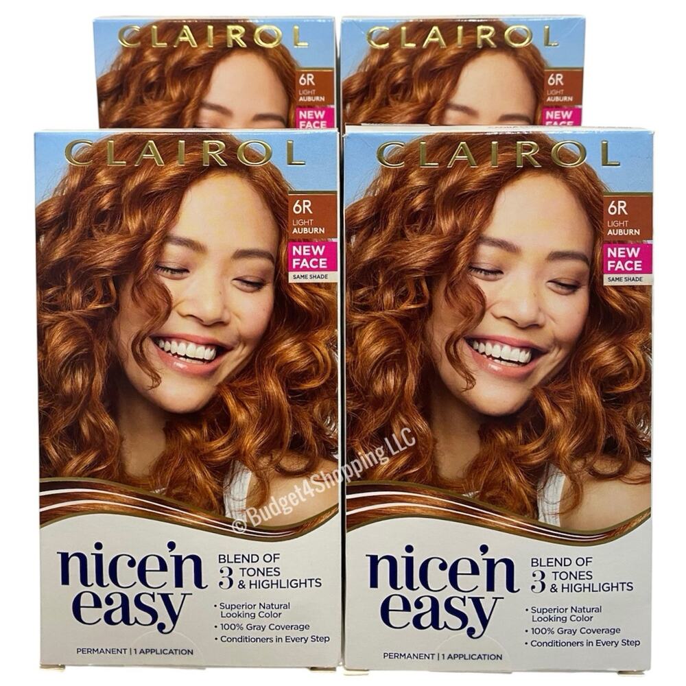 Clairol Nice'n Easy Permanent Hair Dye 6R Light Auburn Hair Color, Pack of 4